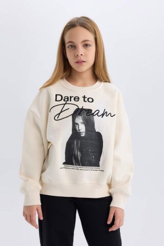 Kız Çocuk Oversize Geniş Kalıp Bisiklet Yaka Baskılı Sweatshirt