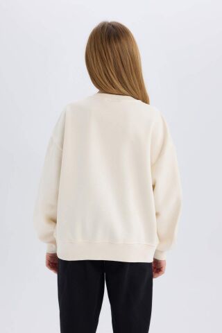 Kız Çocuk Oversize Geniş Kalıp Bisiklet Yaka Baskılı Sweatshirt