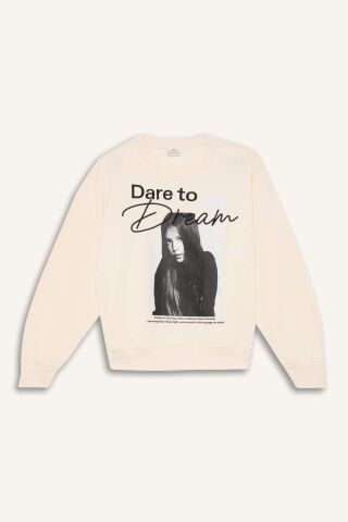 Kız Çocuk Oversize Geniş Kalıp Bisiklet Yaka Baskılı Sweatshirt