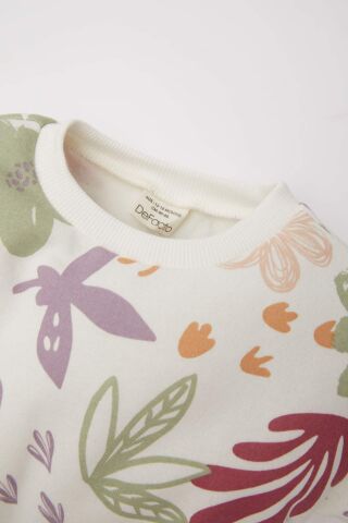 Kız Bebek 2'li Takım Çiçekli Bisiklet Yaka Sweatshirt Beli Lastikli Alt