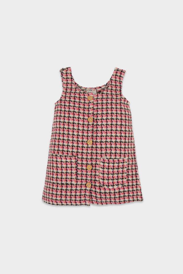 Kız Bebek Cepli Düğmeli Desenli Tweed Tulum
