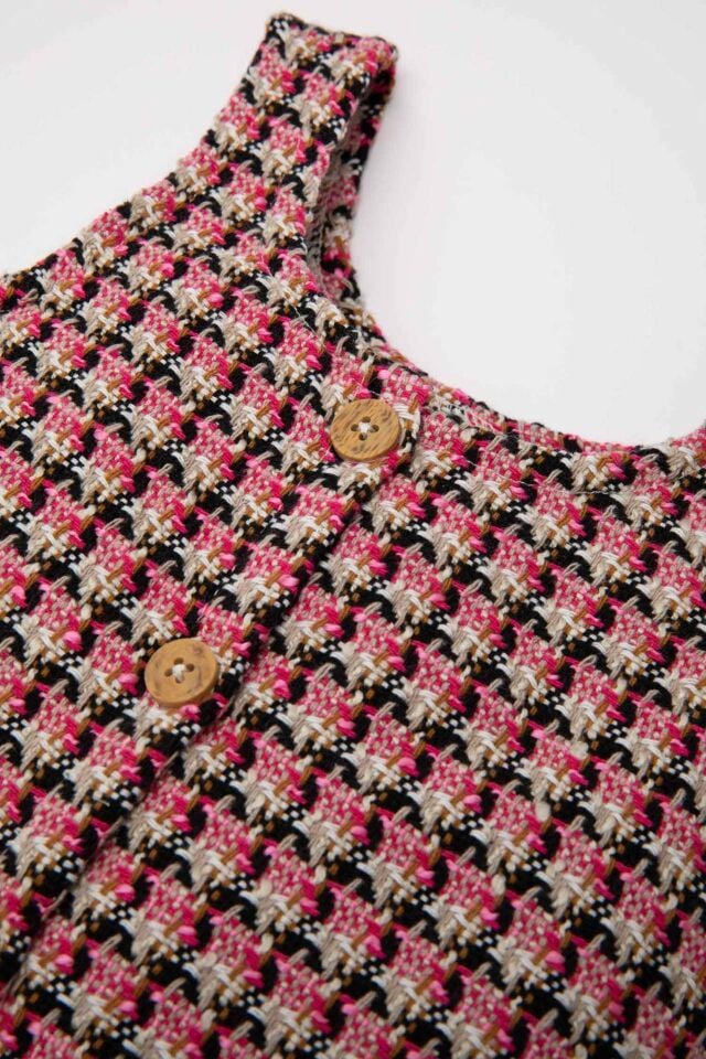 Kız Bebek Cepli Düğmeli Desenli Tweed Tulum