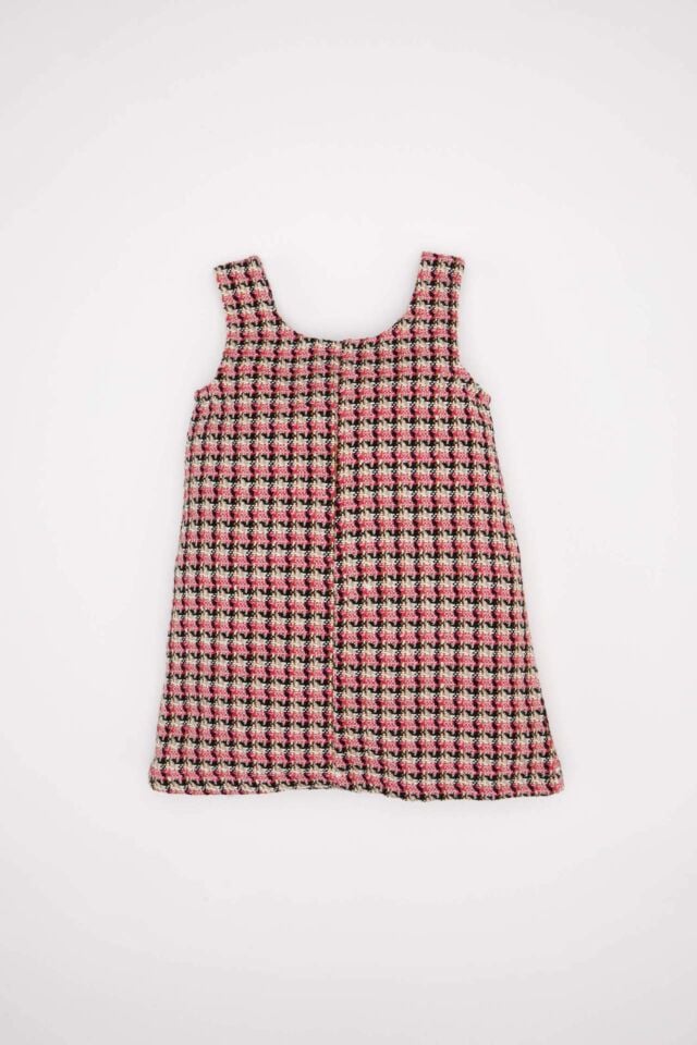 Kız Bebek Cepli Düğmeli Desenli Tweed Tulum