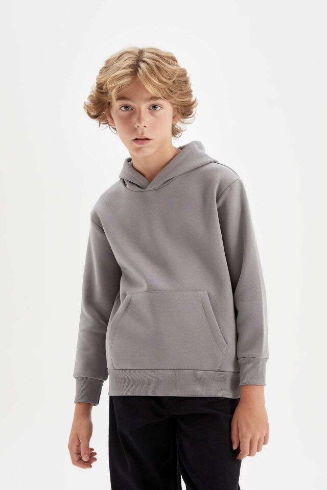 Erkek Çocuk Cepli Kapüşonlu Kalın Okul Sweatshirt