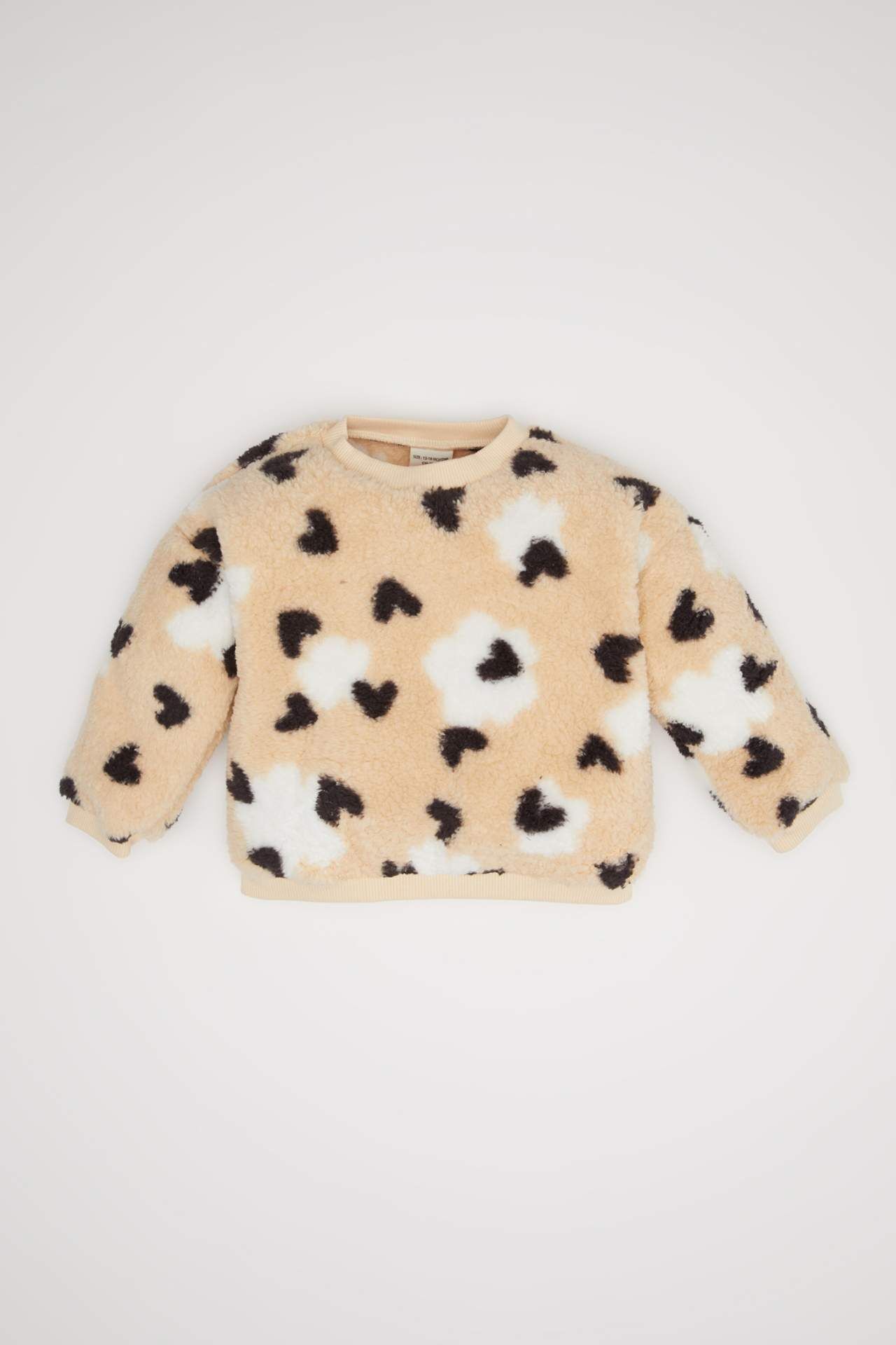 Kız Bebek Bisiklet Yaka Kalp Desenli İçi Yumuşak Tüylü Welsoft Pelüş Sweatshirt