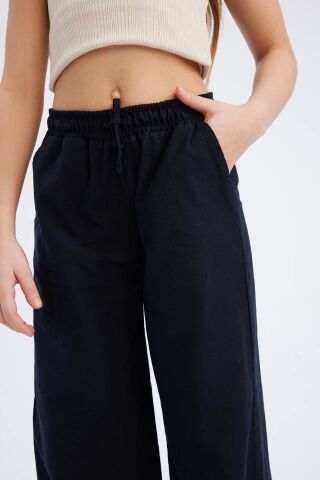 Kız Çocuk Beli Lastikli Wide Leg Geniş Bol Paça Pamuklu Pantolon