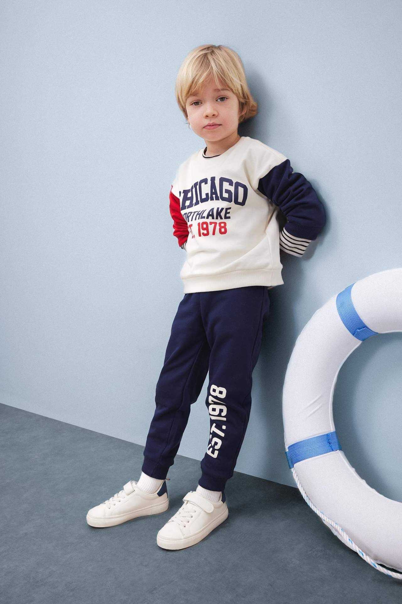 Erkek Bebek 2'li Takım Bisiklet Yaka Baskılı Sweatshirt Beli Lastikli Eşofman Altı