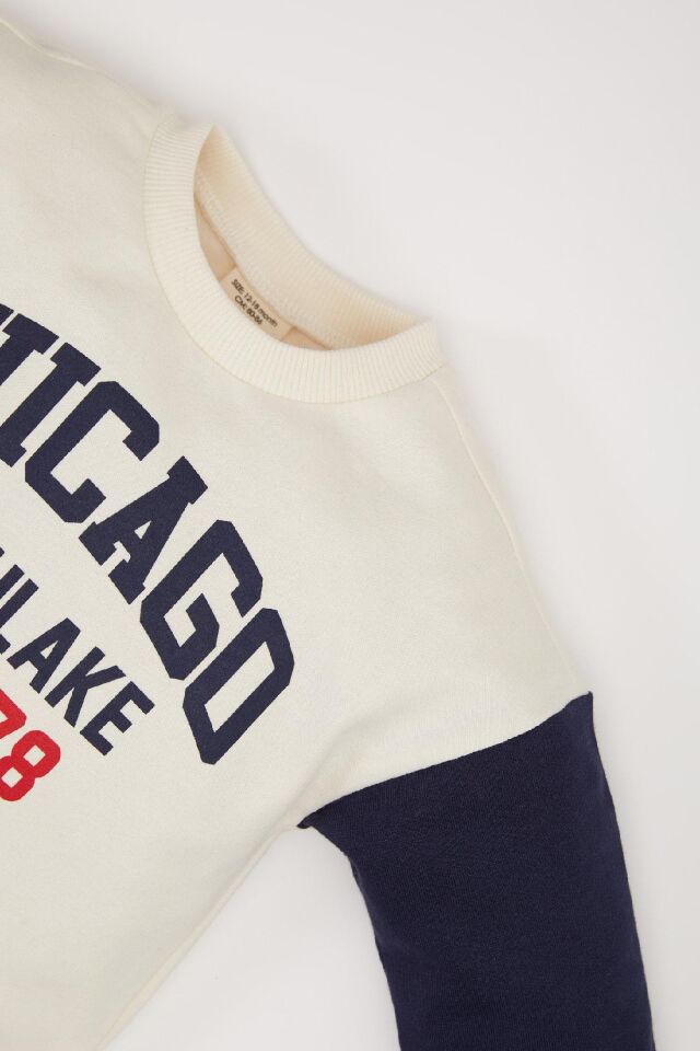Erkek Bebek 2'li Takım Bisiklet Yaka Baskılı Sweatshirt Beli Lastikli Eşofman Altı