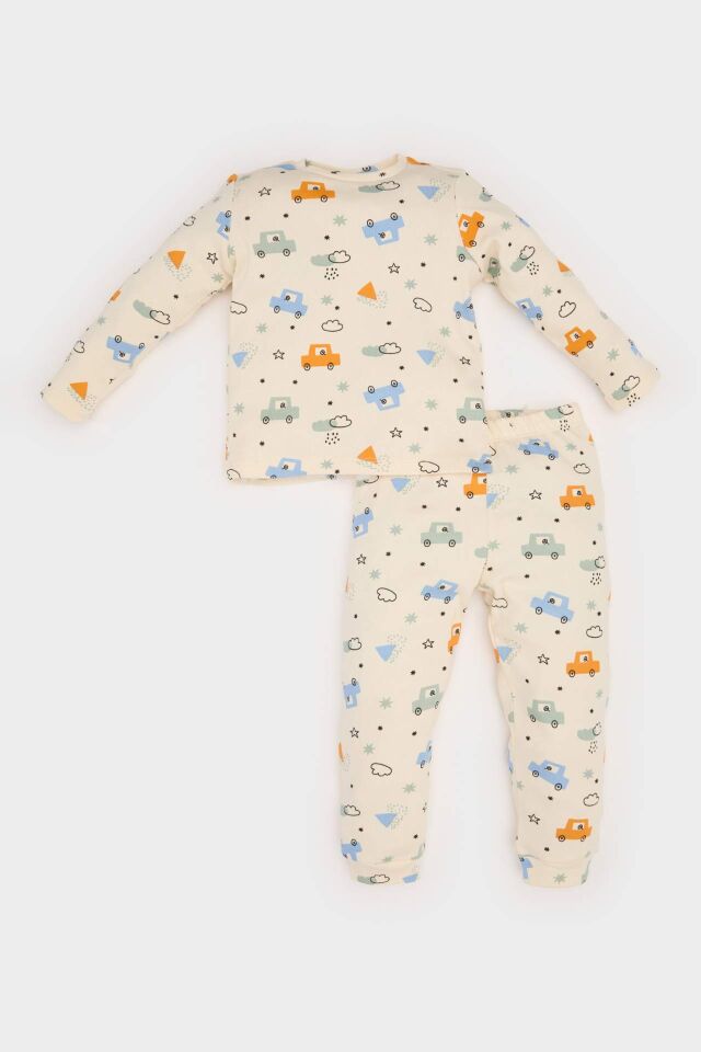 Erkek Bebek Pijama Takımı Araç Baskılı Fitilli Kaşkorse Uzun Kollu Üst Beli Lastikli Uzun Alt