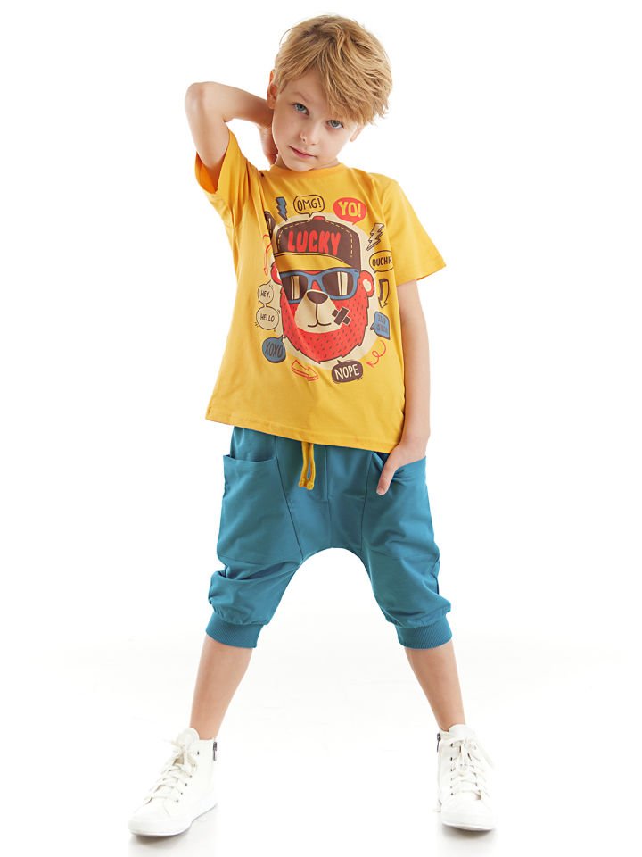 Lucky Bear Erkek Çocuk T-shirt Kapri Şort Takım 6 Y - Sarı, Mavi