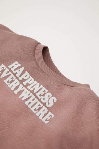 Kız Bebek 2'li Takım Baskılı Bisiklet Yaka Sweatshirt Esnek Belli Eşofman Altı