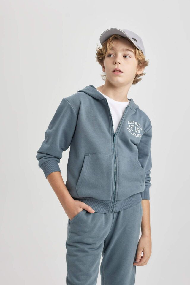 Erkek Çocuk Kapüşonlu Baskılı Fermuarlı Sweatshirt