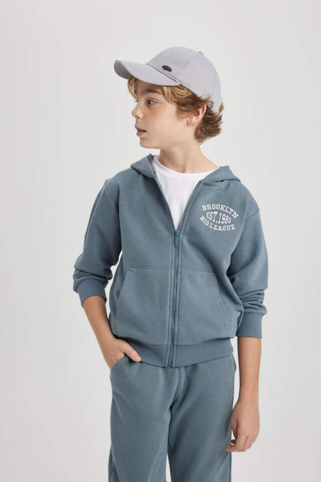 Erkek Çocuk Kapüşonlu Baskılı Fermuarlı Sweatshirt