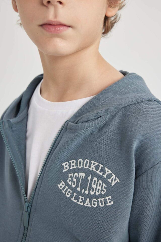 Erkek Çocuk Kapüşonlu Baskılı Fermuarlı Sweatshirt
