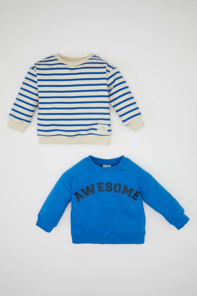 Erkek Bebek Bisiklet Yaka Baskılı 2'li Sweatshirt