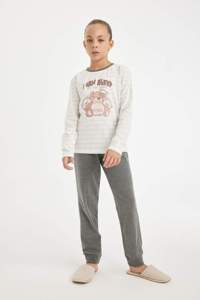 Kız Çocuk Pijama Takımı Ayı Baskılı Uzun Kollu Üst Uzun Alt