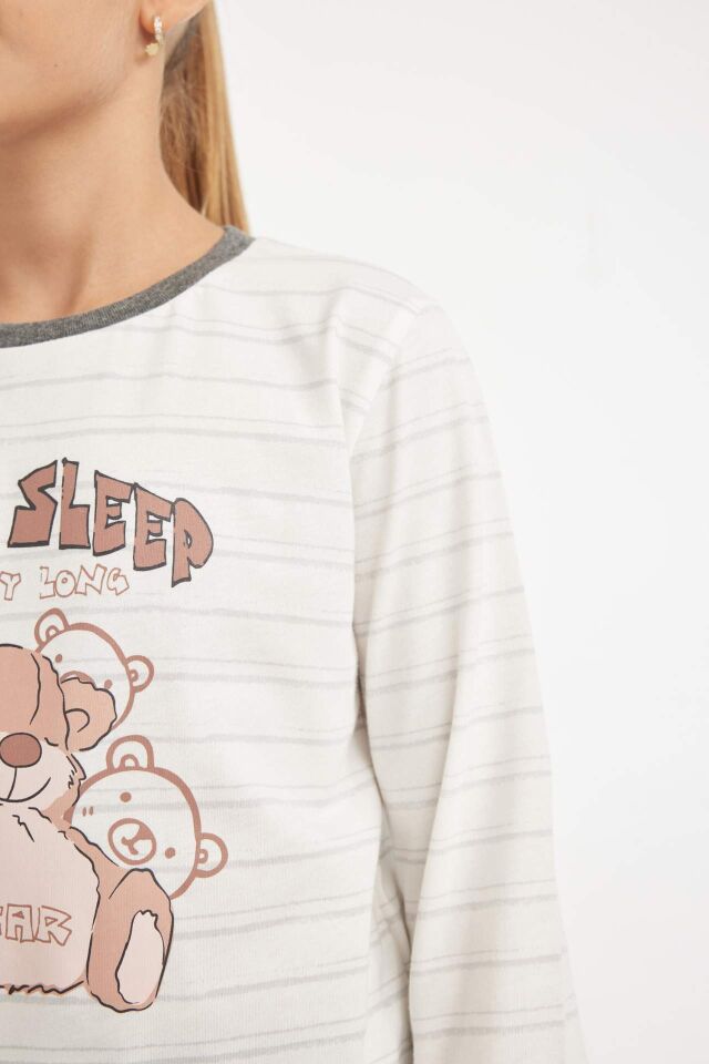 Kız Çocuk Pijama Takımı Ayı Baskılı Uzun Kollu Üst Uzun Alt