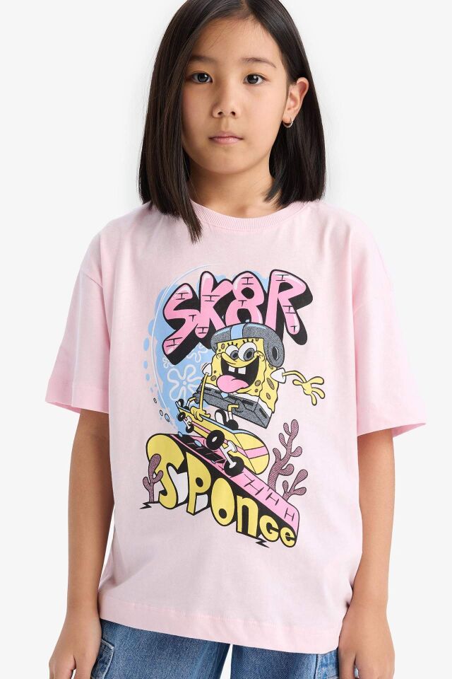 Kız Çocuk SpongeBob Oversize Geniş Kalıp Bisiklet Yaka Kısa Kollu Tişört