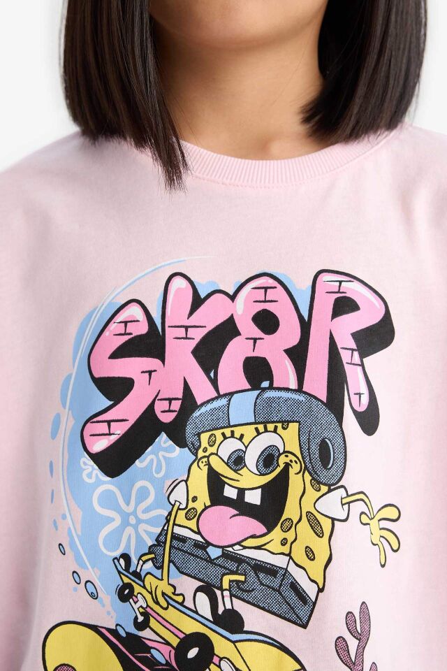 Kız Çocuk SpongeBob Oversize Geniş Kalıp Bisiklet Yaka Kısa Kollu Tişört