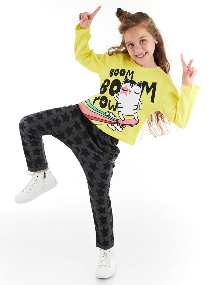 Boom Boom Cat Kız Çocuk T-shirt Pantolon Takım 5 Y - Sarı&Gri