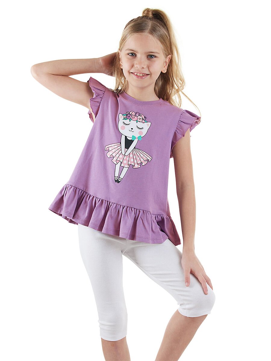 Çiçekli Kedi Kız Çocuk Mor T-shirt Tayt Takım
