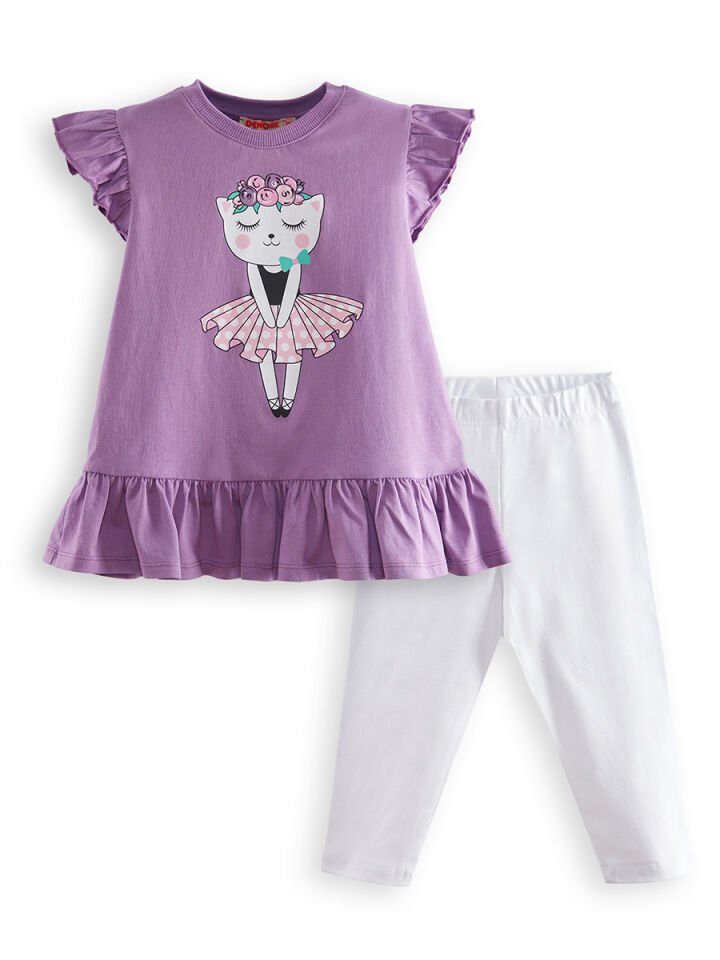 Çiçekli Kedi Kız Çocuk Mor T-shirt Tayt Takım