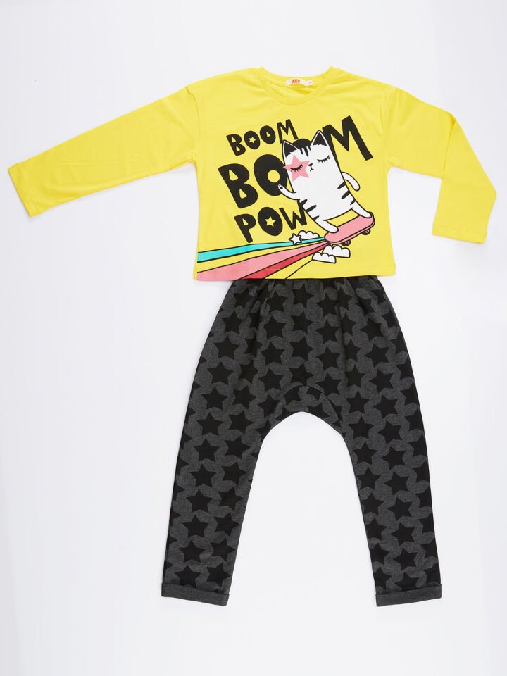 Boom Boom Cat Kız Çocuk T-shirt Pantolon Takım 8 Y - Sarı&Gri