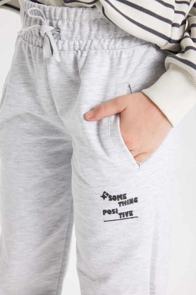 Kız Çocuk Baskılı Beli Bağcıklı Lastikli Paça Cepli Gri Jogger Eşofman Altı