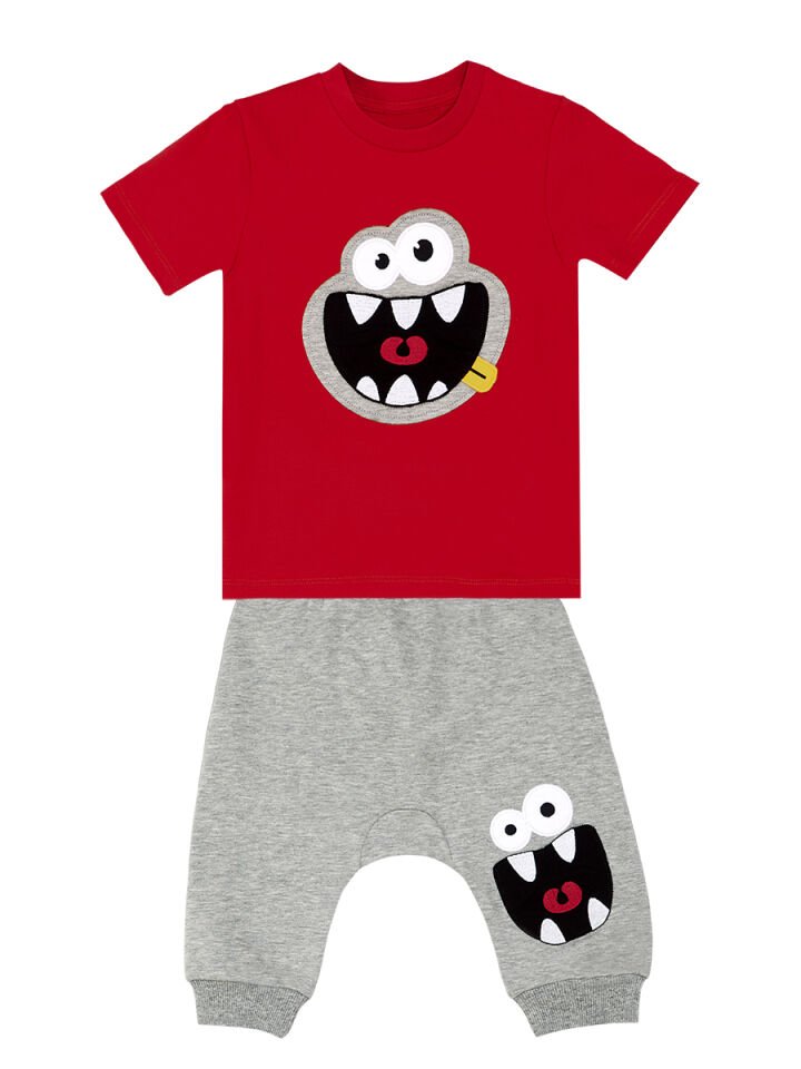 Kahkaha Erkek Çocuk T-shirt Kapri Şort Takım 7 Y - Kırmızı Gri