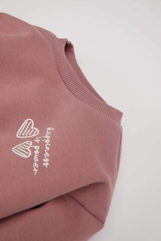 Kız Bebek 2'li Takım Bisiklet Yaka Baskılı Sweatshirt Beli Lastikli Eşofman Altı