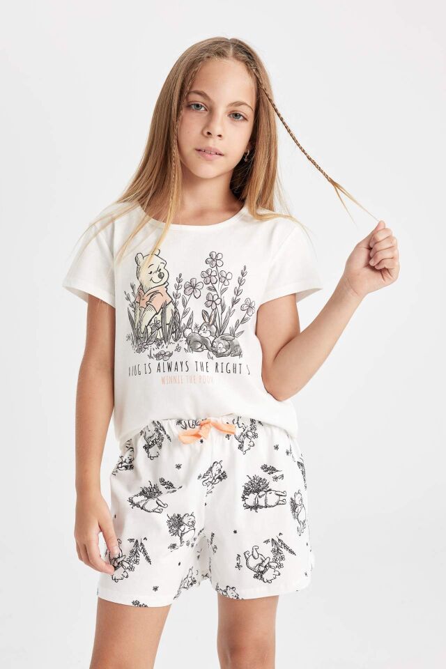 Kız Çocuk Pijama Takım Disney Winnie The Pooh Kısa Kollu Üst Beli Lastikli Şort Alt