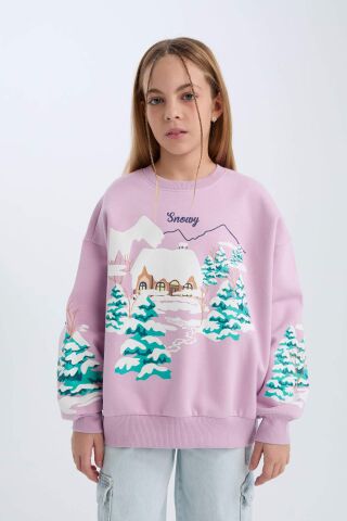 Kız Çocuk Oversize Geniş Kalıp Bisiklet Yaka Baskılı Sweatshirt