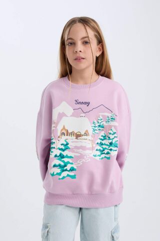 Kız Çocuk Oversize Geniş Kalıp Bisiklet Yaka Baskılı Sweatshirt