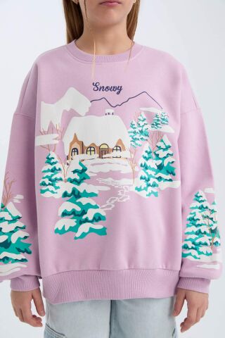 Kız Çocuk Oversize Geniş Kalıp Bisiklet Yaka Baskılı Sweatshirt