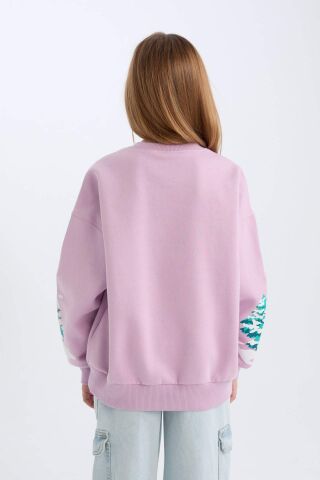 Kız Çocuk Oversize Geniş Kalıp Bisiklet Yaka Baskılı Sweatshirt