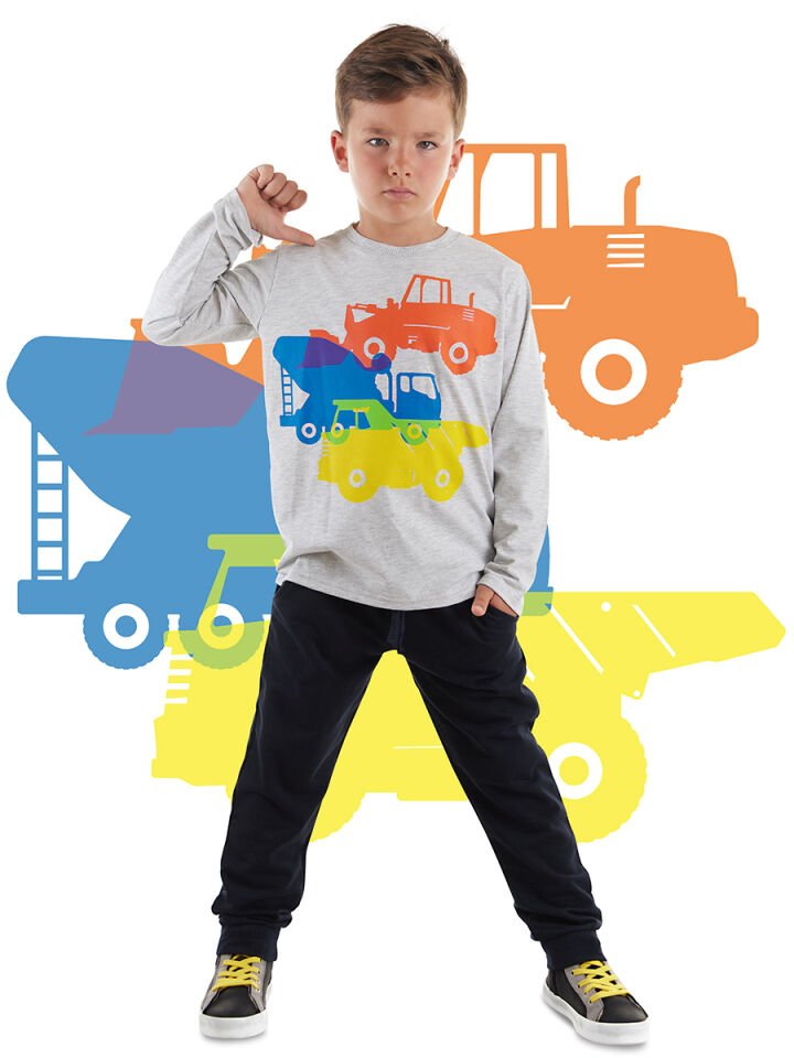 İnşaat Araçları Erkek Çocuk T-shirt Pantolon Takım 7 Y - Lacivert