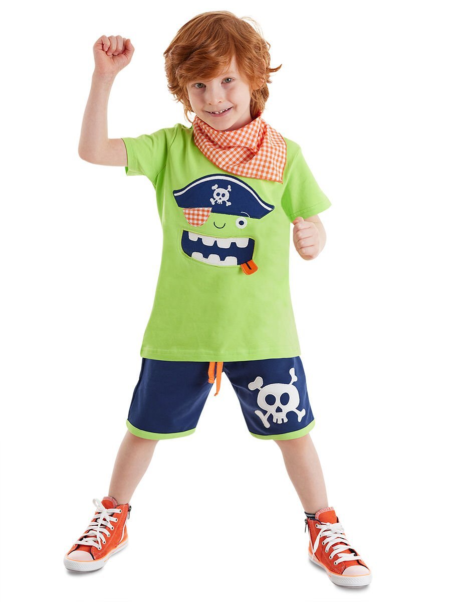 3D Yeşil Korsan Çocuk T-shirt Şort Bandana Takım
