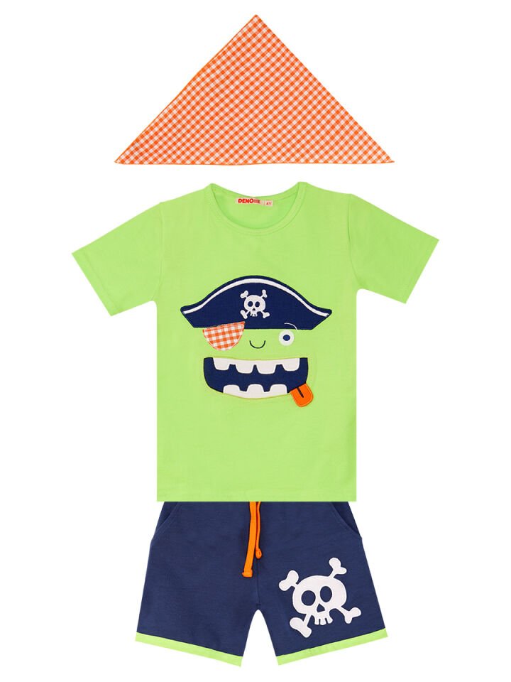3D Yeşil Korsan Çocuk T-shirt Şort Bandana Takım