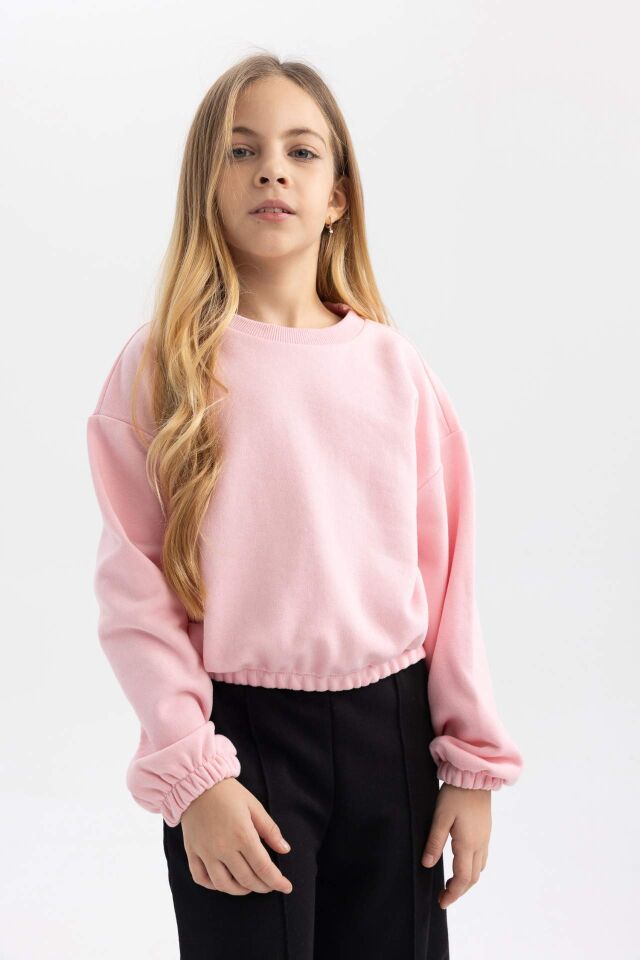Kız Çocuk Bisiklet Yaka Basic Düz Sweatshirt