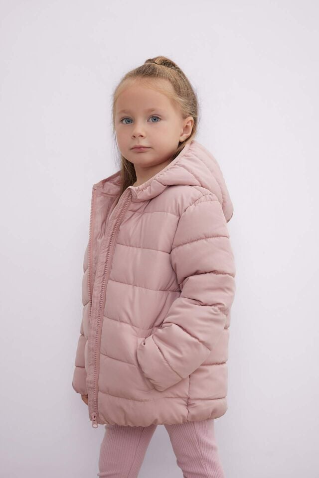 Kız Bebek Kapüşonlu Su itici Kumaş Şişme Mont