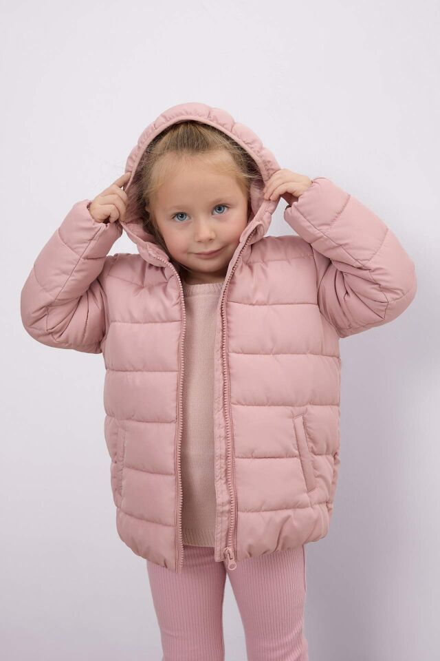 Kız Bebek Kapüşonlu Su itici Kumaş Şişme Mont