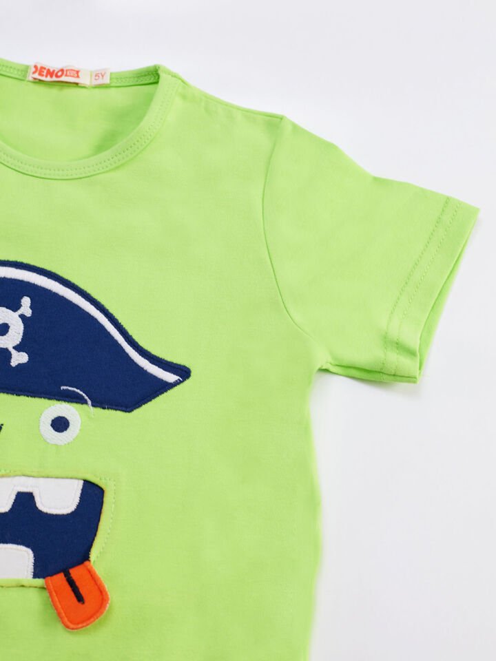 3D Yeşil Korsan Çocuk T-shirt Şort Bandana Takım 2 Y - Yeşil, Lacivert