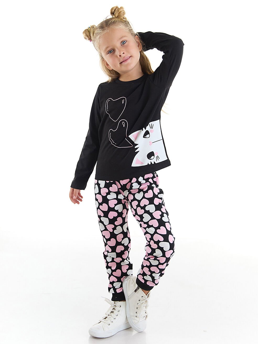 Kalpli Kedi Kız Çocuk T-Shirt Pantolon Takım 4 Y - Siyah, Pembe