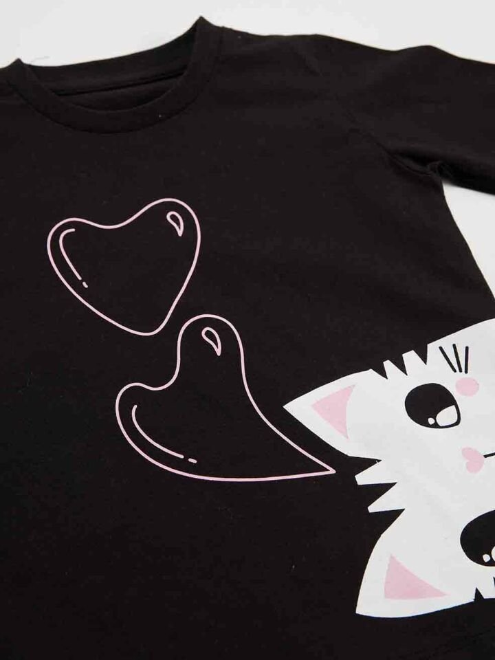 Kalpli Kedi Kız Çocuk T-Shirt Pantolon Takım 4 Y - Siyah, Pembe