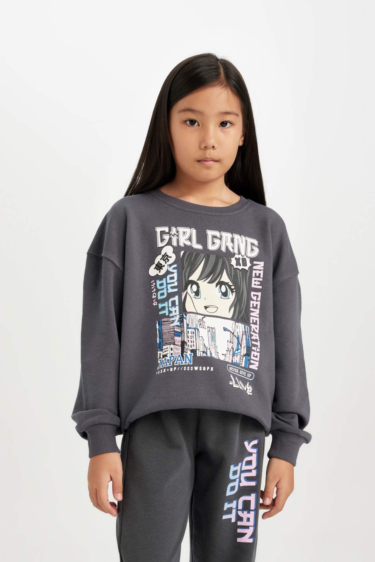 Kız Çocuk Antrasit Oversize Geniş Kalıp Bisiklet Yaka Baskılı Sweatshirt
