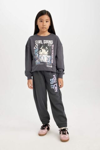 Kız Çocuk Antrasit Oversize Geniş Kalıp Bisiklet Yaka Baskılı Sweatshirt