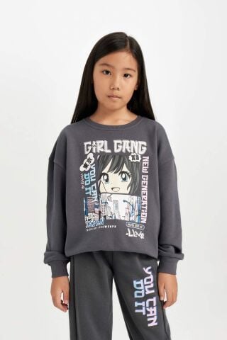 Kız Çocuk Antrasit Oversize Geniş Kalıp Bisiklet Yaka Baskılı Sweatshirt
