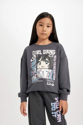 Kız Çocuk Antrasit Oversize Geniş Kalıp Bisiklet Yaka Baskılı Sweatshirt