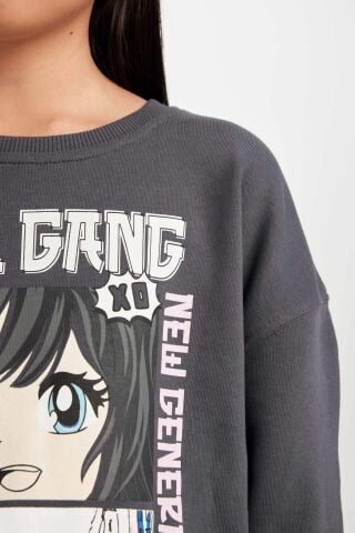 Kız Çocuk Antrasit Oversize Geniş Kalıp Bisiklet Yaka Baskılı Sweatshirt