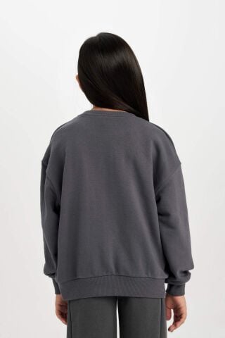 Kız Çocuk Antrasit Oversize Geniş Kalıp Bisiklet Yaka Baskılı Sweatshirt